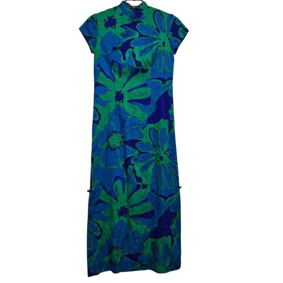Vintage Liberty House Hawaiian Dress Size 10 Blue Green Floral Maxi Short Sleeve - Picture 3 of 7